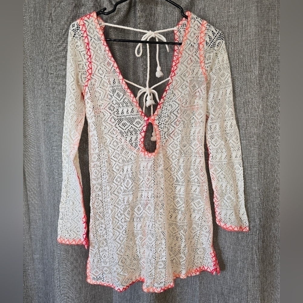 Out From Under Urban Outfitters Ivory Crochet Cover-Up Mini Dress Neon Hem XS